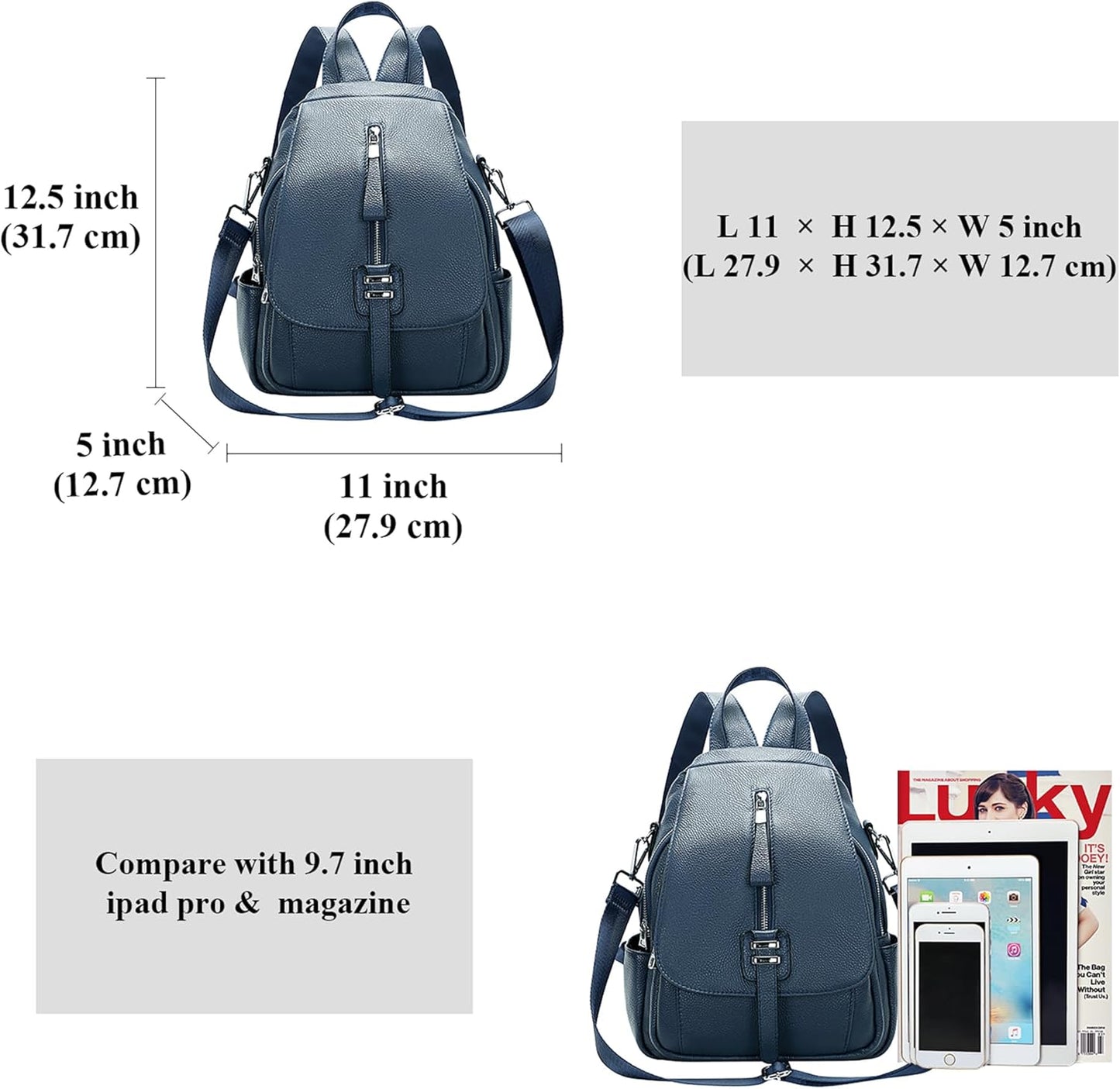 Genuine Leather Backpack for Women Convertible Shoulder Bag with Buckle Flap