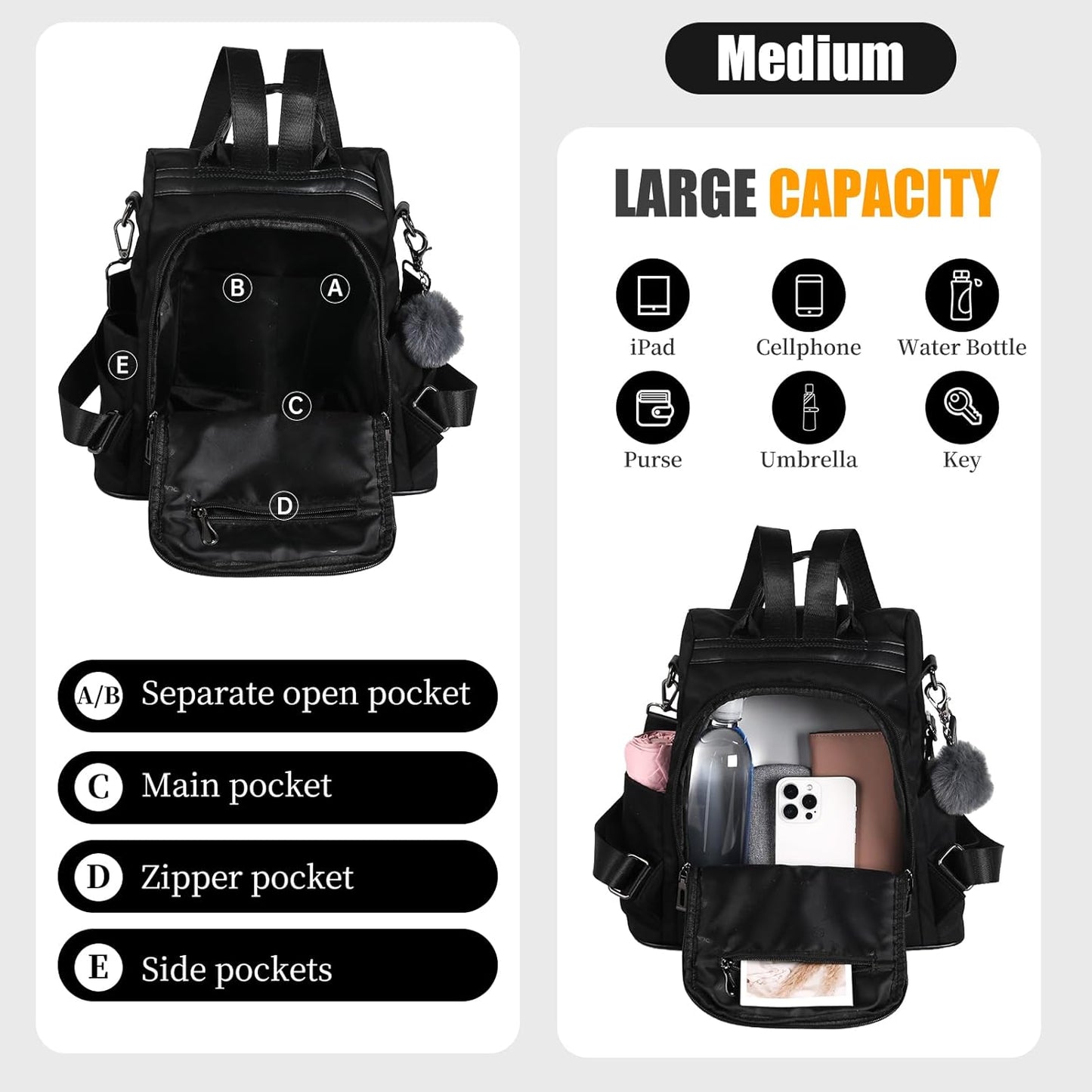 Women Backpack Purse Waterproof Nylon Anti-Theft Rucksack Lightweight Shoulder Bag