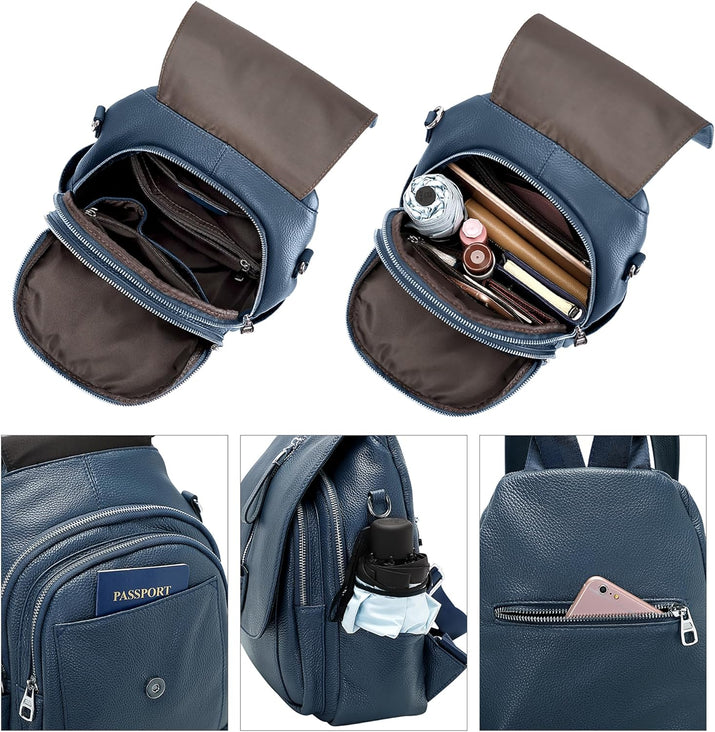 Genuine Leather Backpack for Women Convertible Shoulder Bag with Buckle Flap